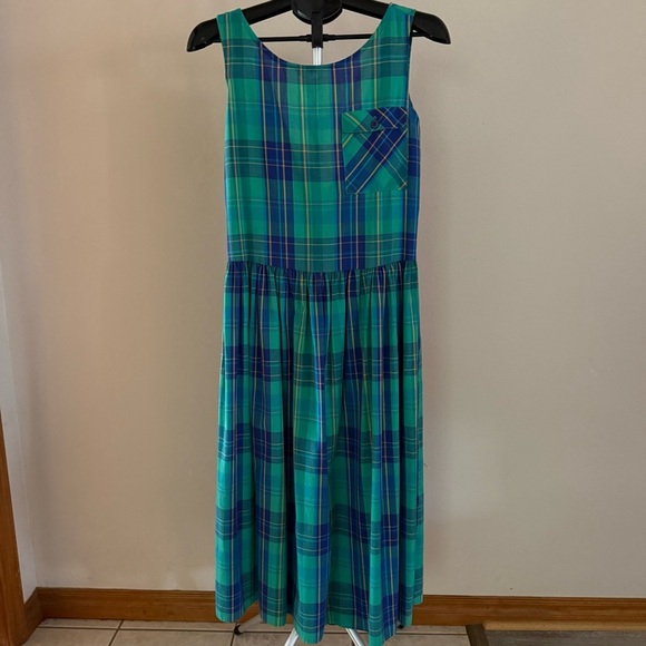 Vintage Dresses & Skirts - Vintage CARMEL Cotton Blend Midi Dress Blue & Green Plaid Cottagecore Women’s S